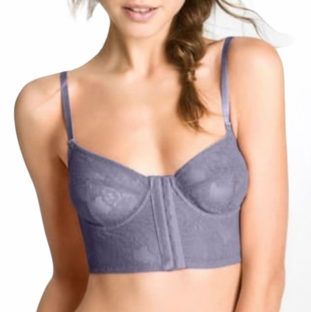Free People Secret Garden Hook Front Longline Lace Bra in Lavender
